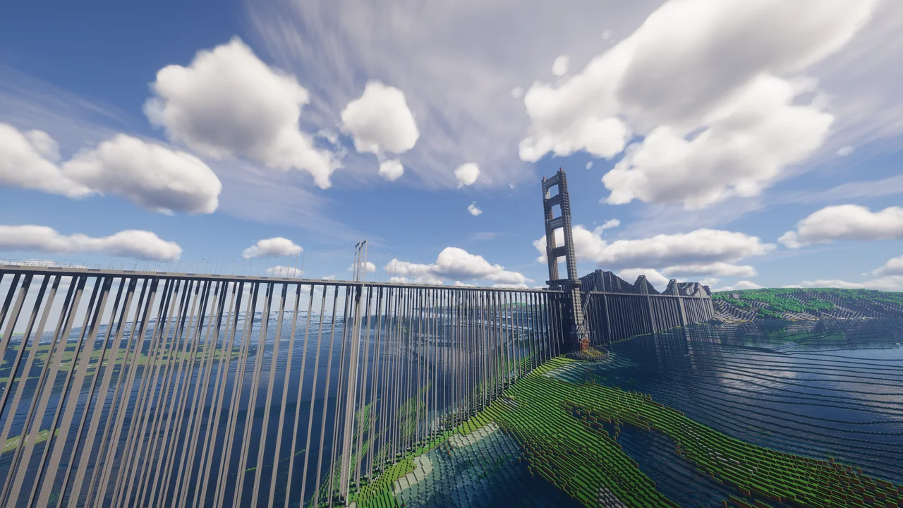 Náhled mapy Minecraft „San Francisco“: věž mostu a pobřežní přístup