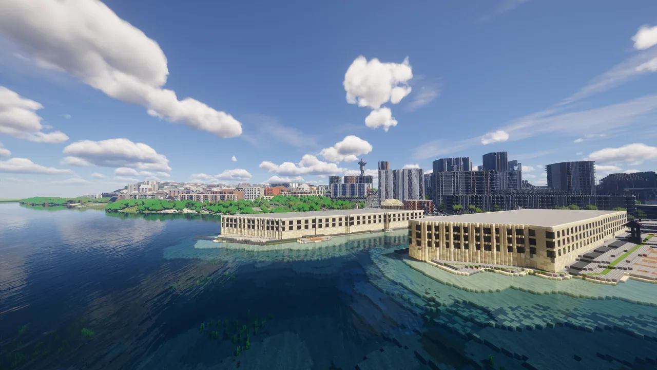 Náhled mapy Minecraft „Seattle“: mola s výhledem směrem k Seattle Center