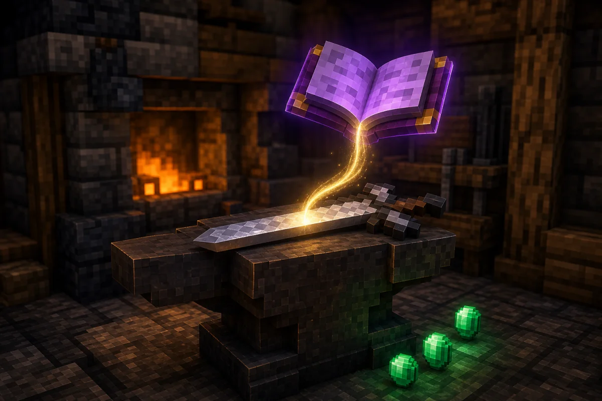 An enchanted book applying its magic to a sword on a block-built anvil