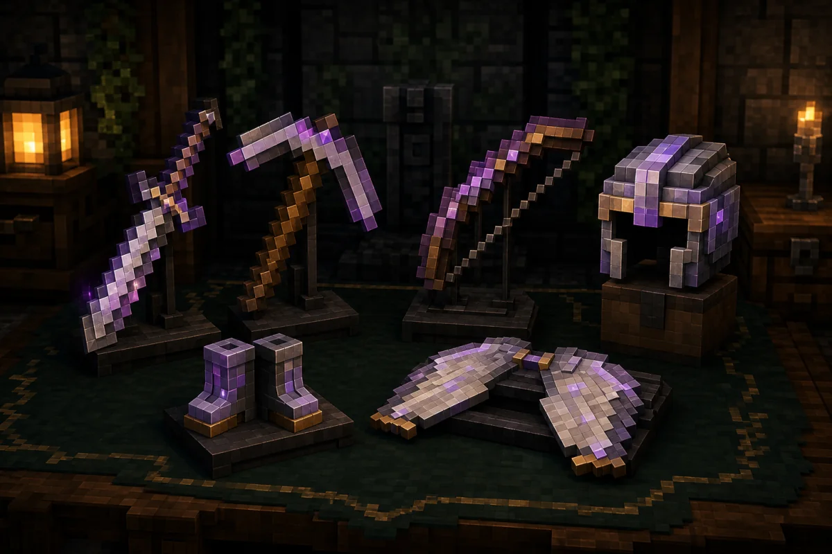 A curated Minecraft-style display of enchanted sword, pickaxe, bow, helmet, boots, and elytra