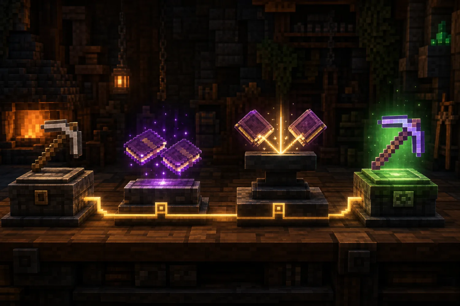 A four-stage Minecraft-style path from choosing a pickaxe and books to a finished enchanted tool