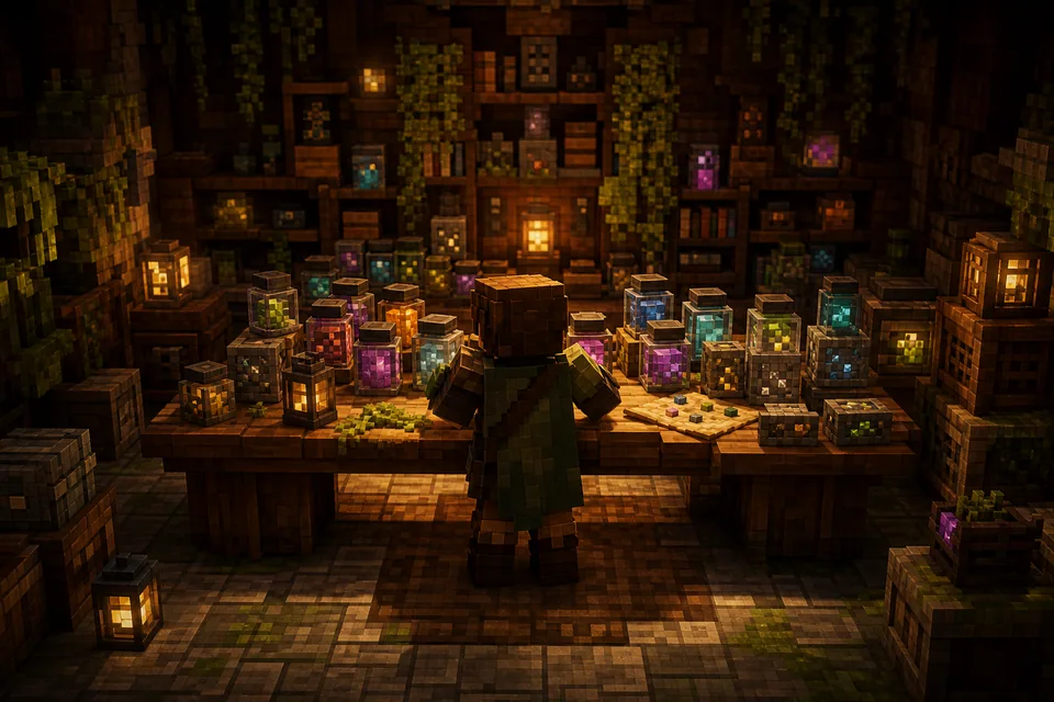 Voxel Minecraft player organizing mods at a workshop