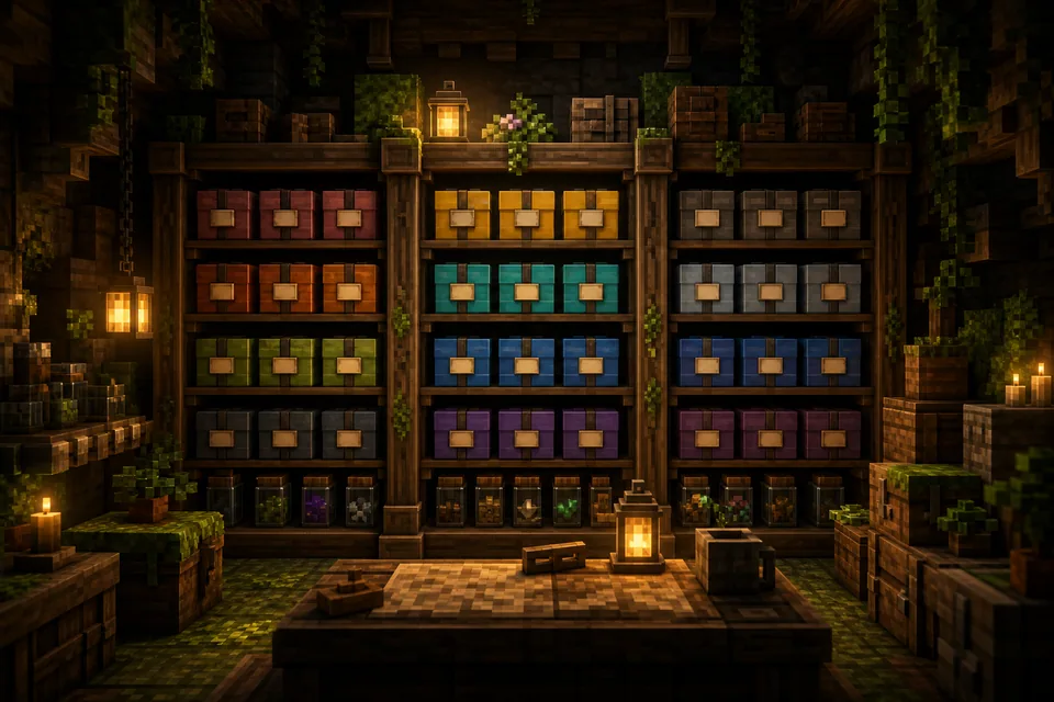 Voxel shelves filled with labeled Minecraft modpack crates