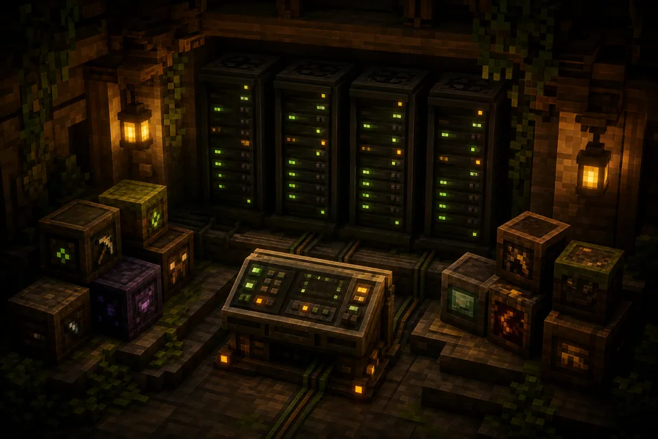 Voxel server room with mod compatibility indicators