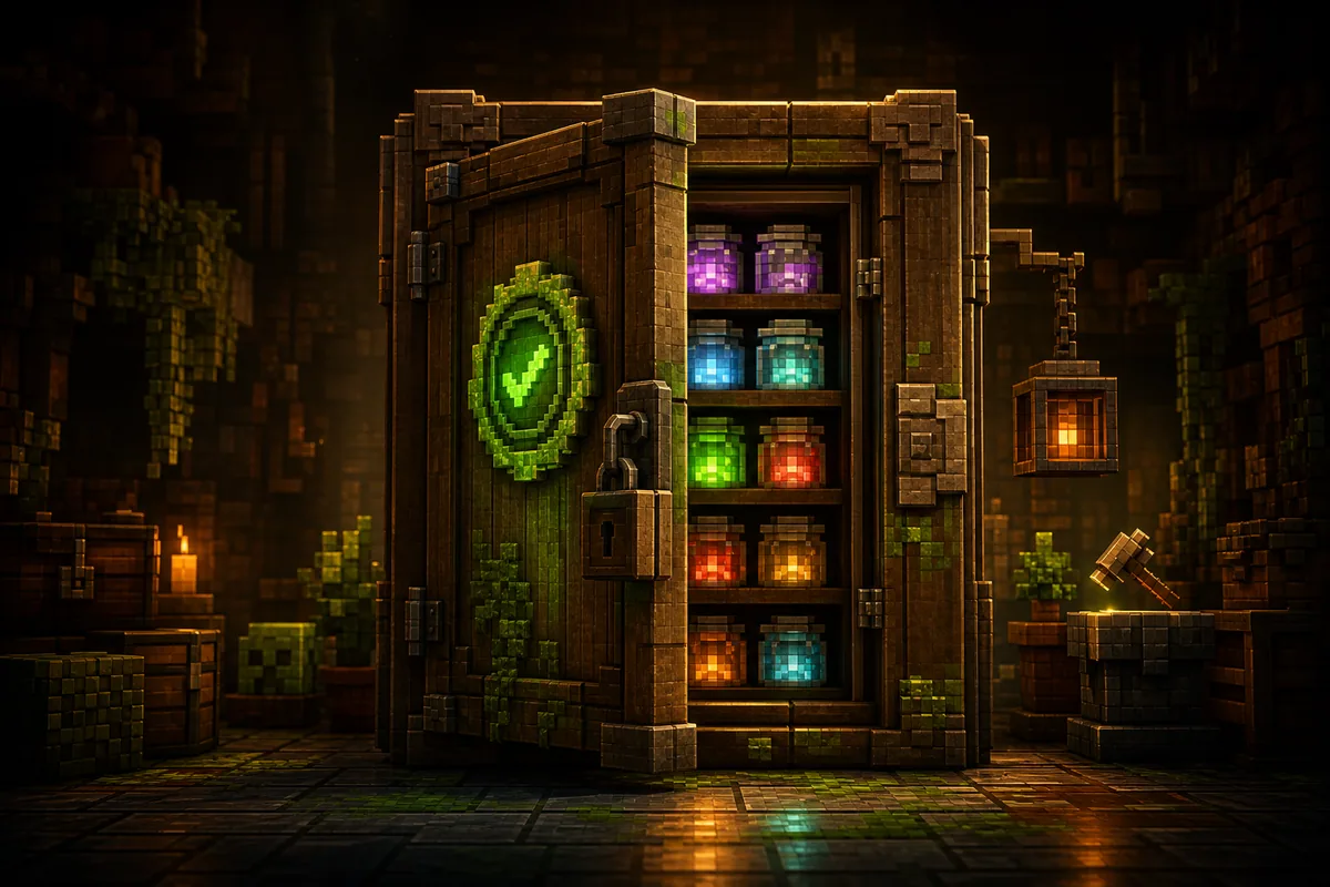 Locked voxel storage vault containing organized Minecraft mods
