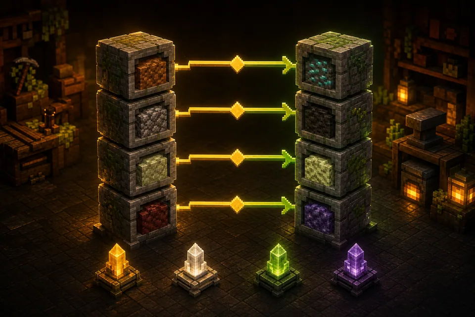 Voxel Minecraft version blocks linked with compatibility arrows